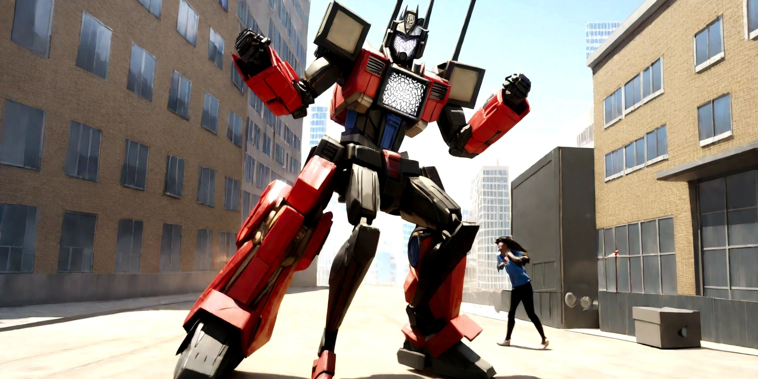 1 large Transformers Optimus Prime robot, massive detailed metal exoskeleton, highly detailed mechanical design, glowing blue eyes, intense battle pose, fighting against a giant TV head monster, surreal science fiction scene, cinematic lighting, dramatic shadows, dark moody atmosphere, dynamic action composition, photorealistic, 8k, masterpiece