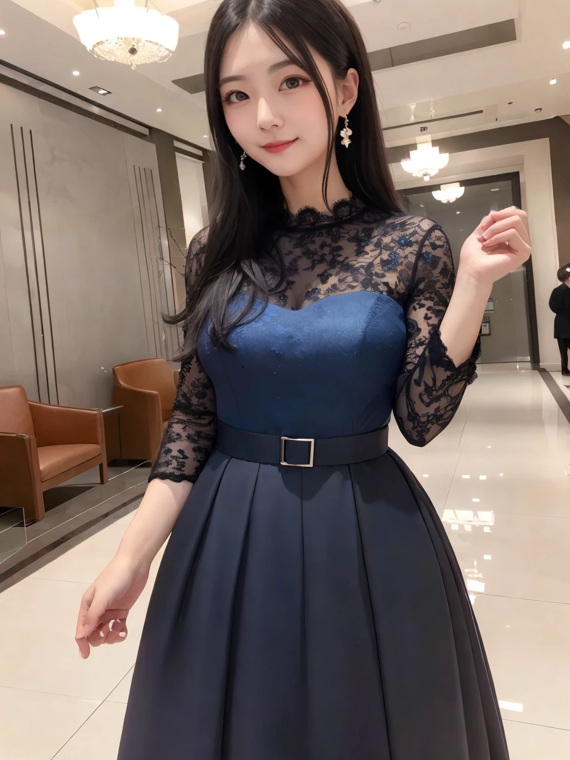 High-definition images、Precision photography、Wide-angle lens。Full Shot、Wedding venue lobby、Large space、Happy Event、Well-dressed woman、Black hair and clean face、Wearing a clean blue dress、Attending a friend's wedding、Mayumi、28 years old、Stylish、A kind smile、classmate。