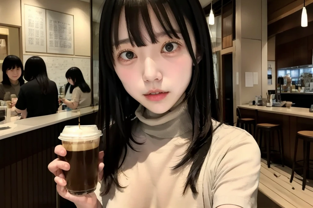Long face、Japanese、Iris、Drooping eyes、Symmetrical face、8K、With bangs、Bob Hair、Black Hair、Cafe、I have coffee、Short sleeve turtleneck、Straight bangs、Fingers are hidden