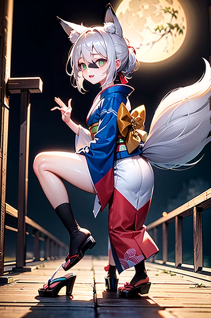 (Official art、Best Quality、Unity 8k Wallpapers、32K、masterpiece、ultra-detailliert、超A high resolution、realisitic、Photorealsitic:1.2)、(Cinematic lighting:1.2)、Fireglow effect、film grains、Best Shadows、Rim lighting、side lights、(Ultra-detailed and complex 3D rendering)、Detailed beautiful face and eyes、(Full body:1.2)、(sideshot、Looking up at the moon、Looking away:1.2)、(Mystical、moonlights)、Highly detailed background、beauitful face、blurry backround、(super detailed skin、detailed skin textures:1.3)、(Japan garden、Grow a lot of soot:1.2)、cowboy shot、Sit on the porch、One full moon in the sky、Moon、dumpling、shinny skin、Red torii gate、beauitful face、blurry backround、20-year-old beauty、shinny skin, (1The fox tail of the book grows:1.3)、Beautiful silver hair、short-hair、(poneyTail:1.2)、green colored eyes、Fox ears、hair adornments、Gentle smile、Curve、(Kimono:1.2)、a miniskirt、wearing kneesocks、thighs thighs thighs thighs、crouching down、