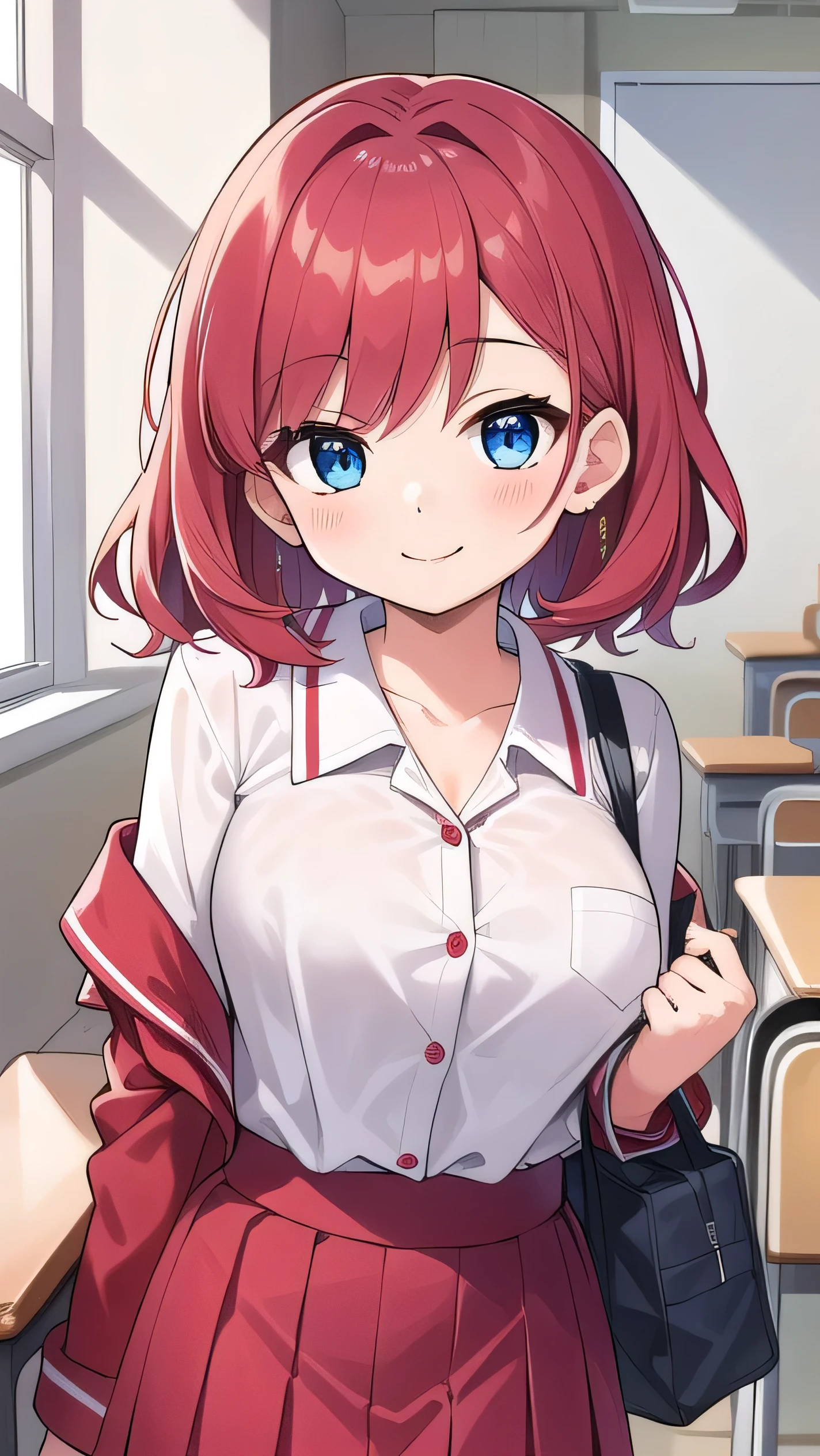 Big breasts, red hair, blue eyes, droopy eyes, red jacket, long sleeves, navy skirt, elementary school student, super big breasts, (medium hair: 1), baggy clothes, elementary school student, young face, short height, 10 years old, old, shy Agari, smiling a little, trying to unbutton his shirt in the classroom, white shirt, soft hair,straight hair , gentle smile, a little smile