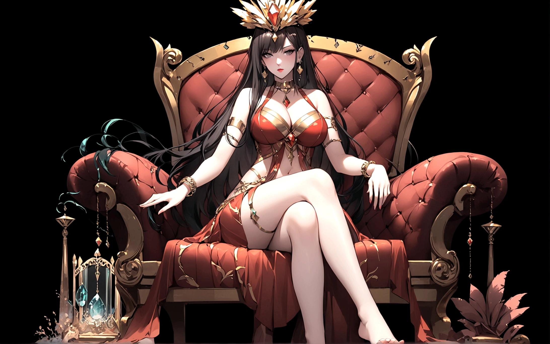 1girl, solo, long hair, breasts, looking at viewer, large breasts, black hair, dress, navel, cleavage, bare shoulders, jewelry, sitting, closed mouth, earrings, barefoot, choker, bracelet, red dress, crossed legs, black background, gem, couch, armlet, red lips, gold, throne