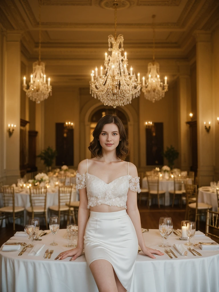 her name is Elle, high quality, 1girl, ((20-year-old fit Caucasian woman)), ((20 years old)), ((fit)), ((pale skin)), short length straight dark hair , wearingRuched Front Satin Blouse + High-Waisted Asymmetrical Skirt, pose: standing, background: Detail the elegant interior of a fine dining restaurant, with white tablecloths, crystal chandeliers, plush velvet chairs, and soft candlelight casting a warm glow over tastefully arranged floral centerpieces."