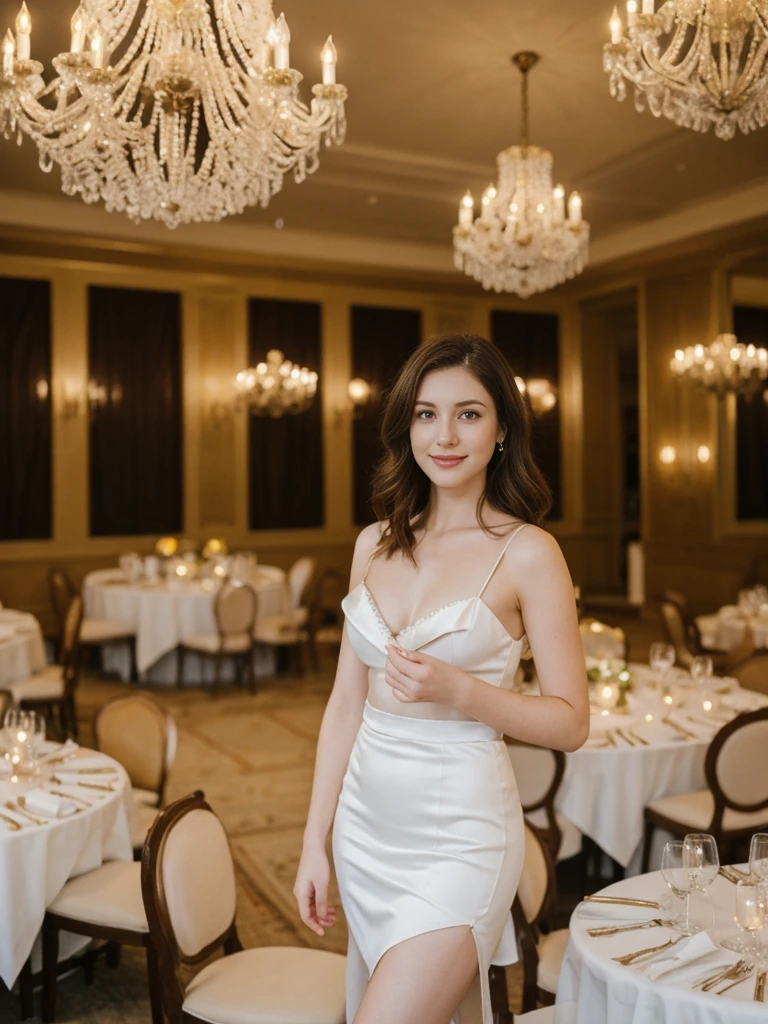 her name is Elle, high quality, 1girl, ((20-year-old fit Caucasian woman)), ((20 years old)), ((fit)), ((pale skin)), short length straight dark hair , wearingRuched Front Satin Blouse + High-Waisted Asymmetrical Skirt, pose: standing, background: Detail the elegant interior of a fine dining restaurant, with white tablecloths, crystal chandeliers, plush velvet chairs, and soft candlelight casting a warm glow over tastefully arranged floral centerpieces."