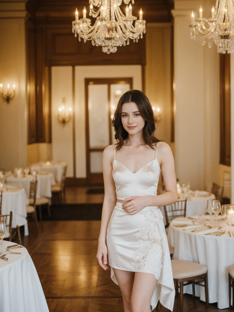 her name is Elle, high quality, 1girl, ((20-year-old fit Caucasian woman)), ((20 years old)), ((fit)), ((pale skin)), short length straight dark hair , wearingRuched Front Satin Blouse + High-Waisted Asymmetrical Skirt, pose: standing, background: Detail the elegant interior of a fine dining restaurant, with white tablecloths, crystal chandeliers, plush velvet chairs, and soft candlelight casting a warm glow over tastefully arranged floral centerpieces."