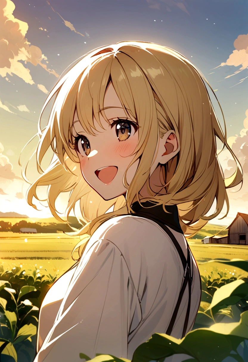A girl with blonde hair, looking at the horizon of a farm, happy expression
