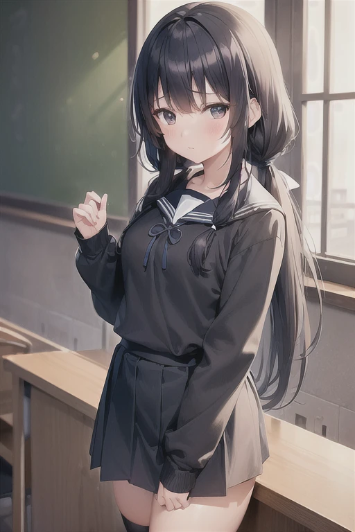 (best quality, masterpiece, high-resolution, detail), a girl, 15yo, (low twintails:1.2), low pigtails, black hair, long hair, (Navy blue sailor), (vivid blue ribbon in the sailor), long sleeves, skirt, classroom, evening, from front, anime