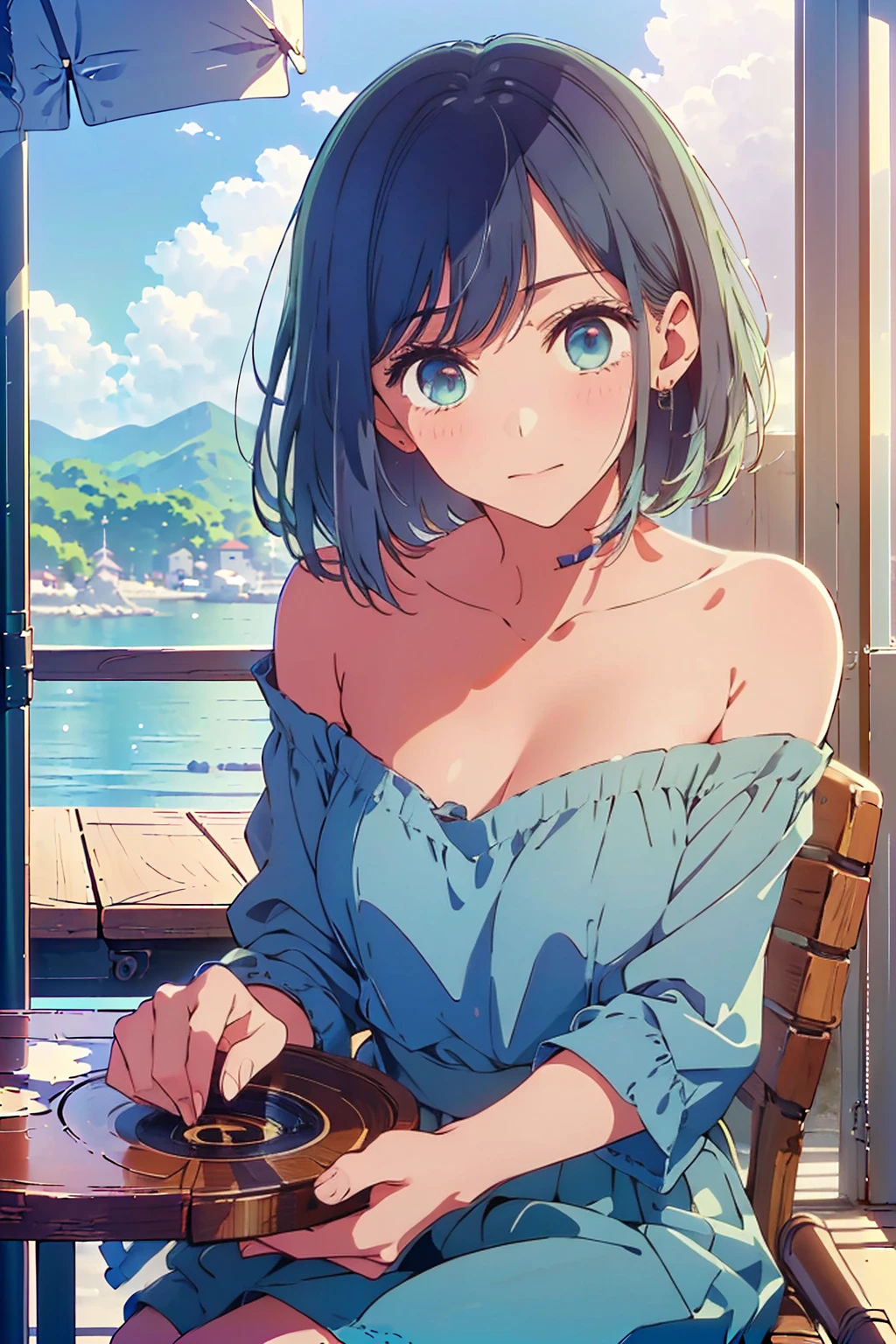 (Highest quality:1.4、masterpiece:1.4、Super detailed:1.4、Ultra-high resolution:1.4、8K:1.4)、F cup bust、Big Breasts、Slim body、((((1 person、Surprised expression、sit、Chair、In the background are the urban buildings of Tokyo、looking at the camera、Outdoor café terrace、coastal、juice、Shooting up close、Shooting from an angle、table、Very cute face))))、(Pose with hands tucked behind ears:1.4、Cheek resting on hand:1.4)、((nude、very beautiful areola、Off-shoulder camisole))、Very blue sky、A completely cloudless sky