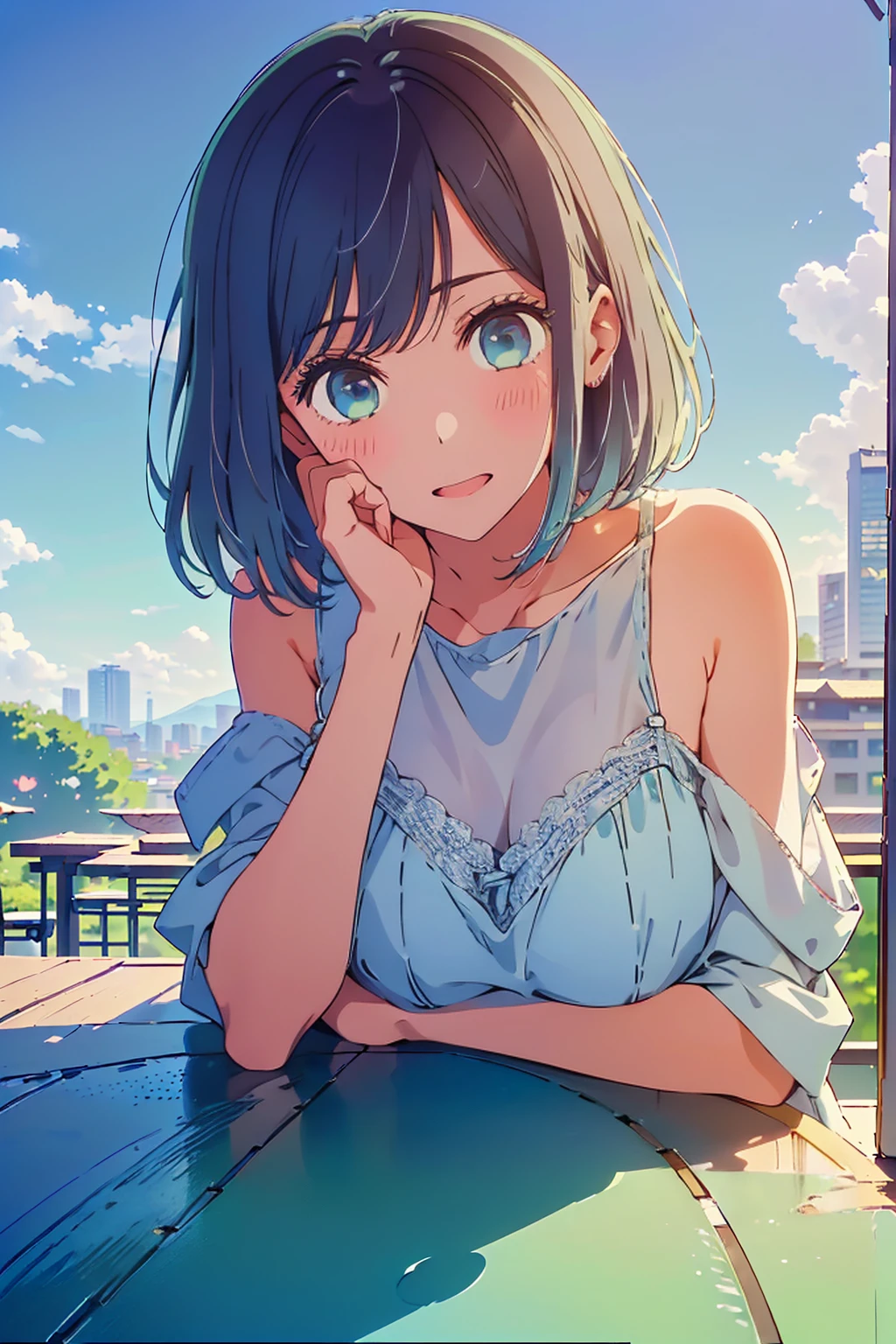 (Highest quality:1.4、masterpiece:1.4、Super detailed:1.4、Ultra-high resolution:1.4、8K:1.4)、F cup bust、Big Breasts、Slim body、((((1 person、Surprised expression、sit、Chair、In the background are the urban buildings of Tokyo、looking at the camera、Outdoor café terrace、coastal、juice、Shooting up close、Shooting from an angle、table、Very cute face))))、(Pose with hands tucked behind ears:1.4、Cheek resting on hand:1.4)、((nude、very beautiful areola、Off-shoulder camisole))、Very blue sky、A completely cloudless sky