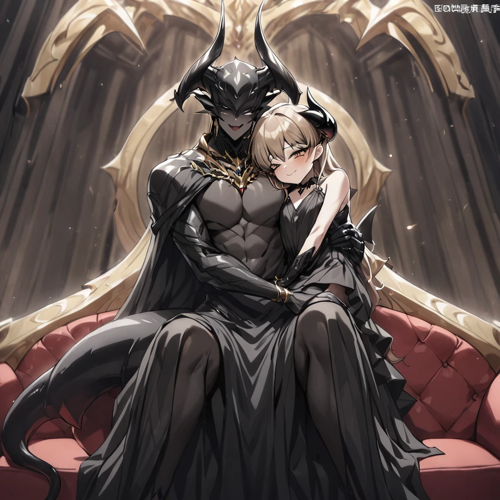 ((Highest quality)), ((masterpiece)), (detailed), (Perfect Face)、The woman is a jet-black devil、The woman is a jet-black female demon with magnificent demon horns and a jet-black tail, her skin is the same black as the Demon King, and she is wearing a seductive and luxurious jet-black dress of the Demon Queen. Her name is Princess Leona, a jet-black demon with medium-long light brown hair. The man and woman are cuddling happily on a large sofa.、The woman is sitting happily on a large sofa, snuggled up to her beloved husband, the powerful demon king.、A strong demon king is sitting on a large sofa in front of a luxurious demon altar, embracing his wife, the demon queen Leona.、The woman is holding her young daughter、Happy Demon King Family、Father, mother and daughter