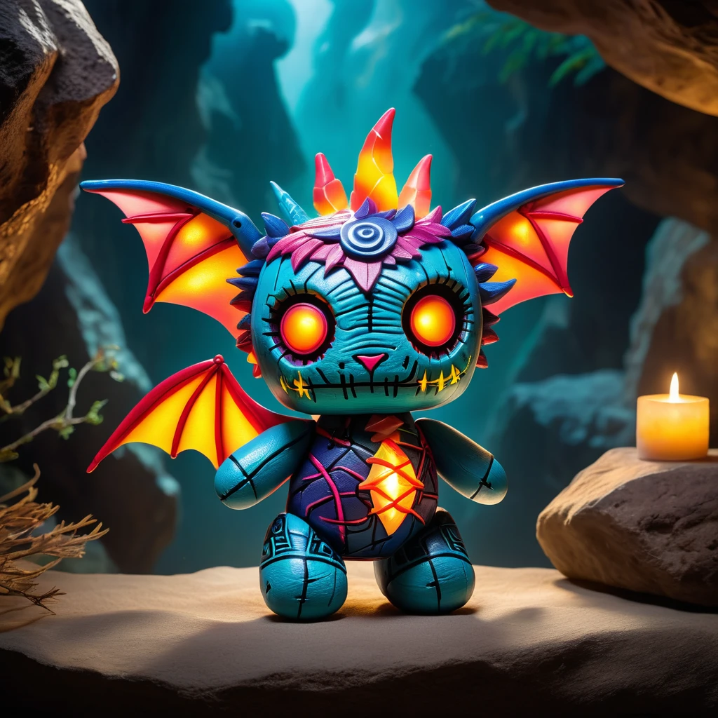 (knitted toy voodoo doll:1.9), (Voodoo Magic Dragon:1.6), (Clothing: enchanted scales with mystical runes:1.0), (Accessories: glowing crystal orb, magical amulet, dragon wings:1.2), (Background: ancient cave with glowing crystals, swirling mist, and magical glyphs:1.2), (full body:1.0), best quality, masterpiece, detailed soft oil painting, detailed background, dramatic cinematic lighting, soft edge lighting, professional, dramatic lighting, hard edge lighting, ultra quality, 4k, masterpiece, best quality, 8k, ultra high definition, high resolution, extremely detailed