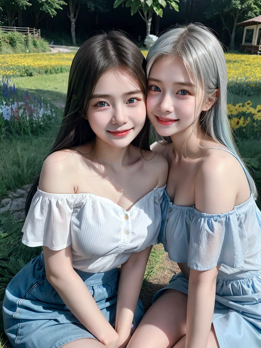(2 girls), Indonesian baby face, 12 years, smile ,white skin, Round breast, blue eyes, meadow, silver hair, 8K, The details are very realistic....., The best of photography Short skirt and off-shoulder top ((round chest)