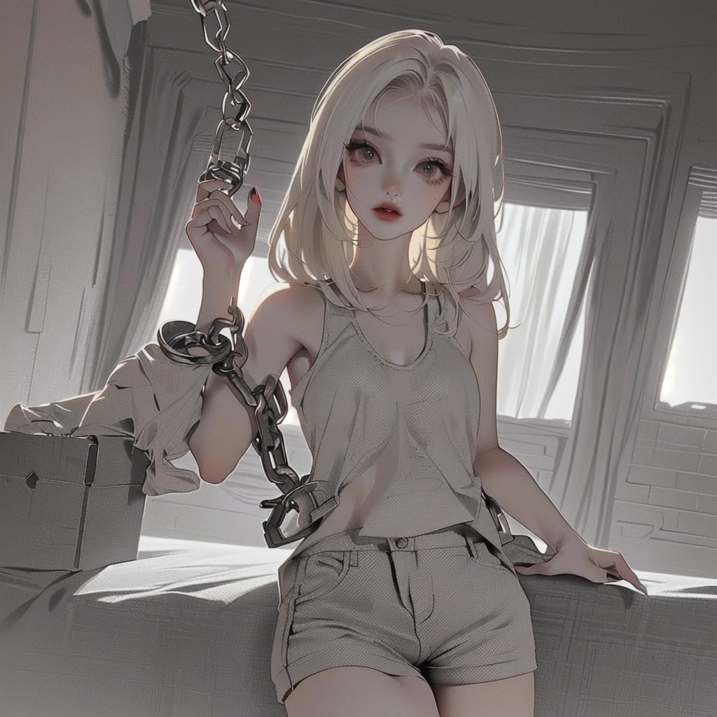 fugitive in shorts, tank top and handcuffs, Beautiful girl, gorgeous figure, clothes with holes, full length