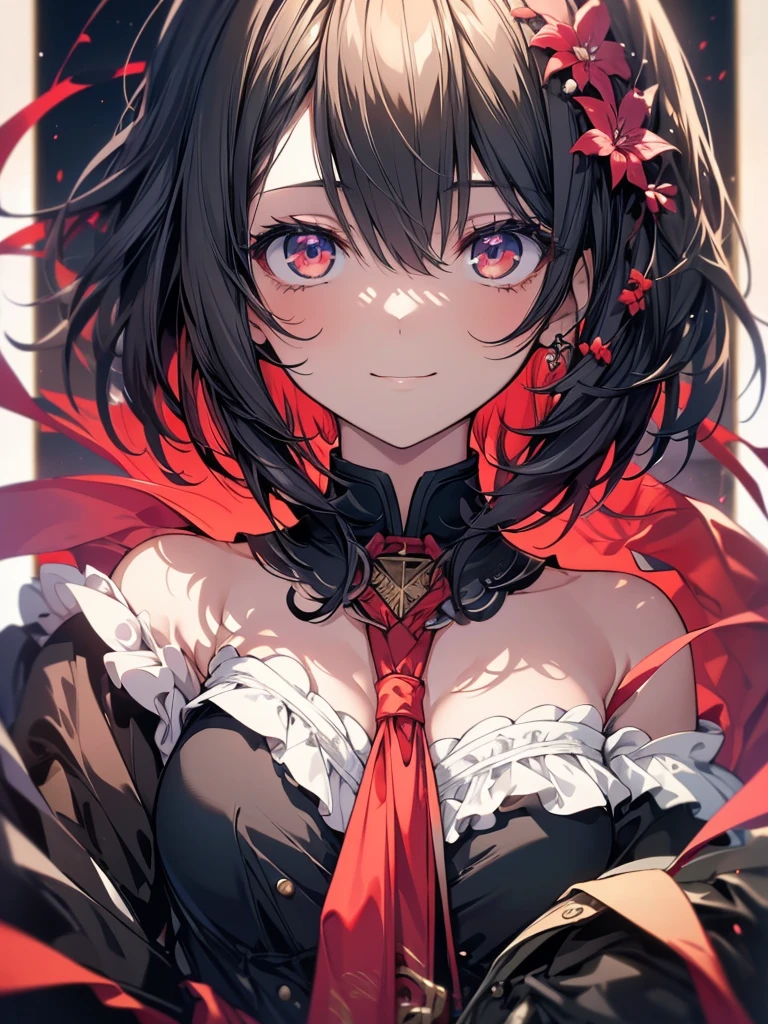 (masterpiece, highest quality, highest quality, (No text), Beautiful and aesthetic:1.2),No text,アニメ、 high resolution　BREAK,One Girl，Short black hair　Tree Eyes　Beautiful eyes　Red eyes　Beautiful girl　cool　smile　Black Coat　mini skirt　Whole body　Left facing　Night view　Detailed eyes and face