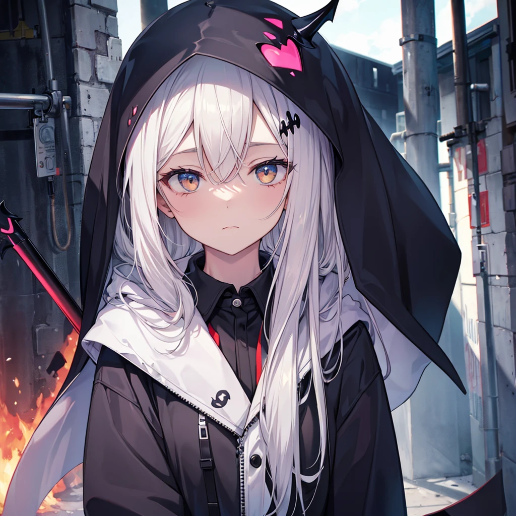 (((Grim Reaper's Scythe))) (((Gray Hair Short Hair blue eyes girl Close-up))),((night full moon My own big wings)),(Wearing a hood Black camisole Purple light), A tense look Shining Background Shining Edge