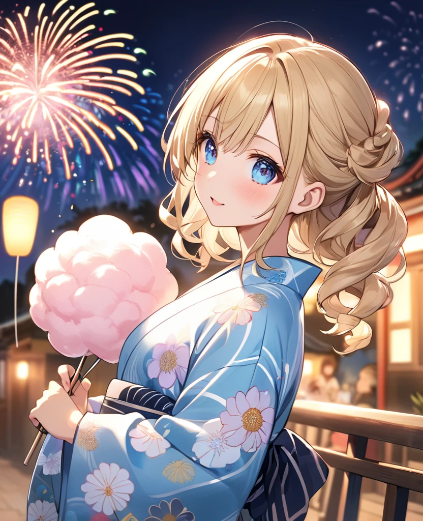 woman、Blonde、Blue pupil、Cute yukata、night、Sparkling、Curling hair、firework、Cotton candy
