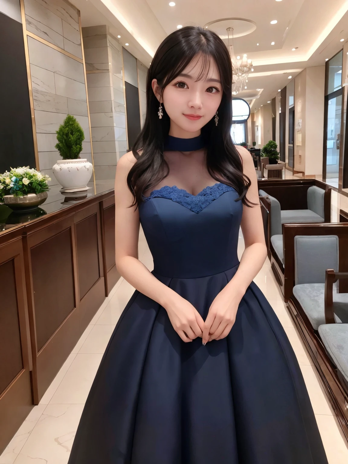 High-definition images、Precision photography、Wide-angle lens。Full Shot、Wedding venue lobby、Large space、Happy Event、Well-dressed woman、Black hair and clean face、Wearing a clean blue dress、Attending a friend's wedding、Mayumi、28 years old、Stylish、A kind smile、classmate。