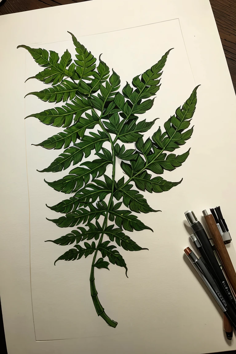 Many large fern leaves, in the form of a tattoo sketch