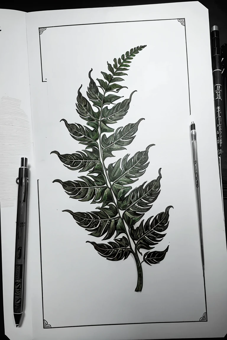 Many large fern leaves, in the form of a tattoo sketch