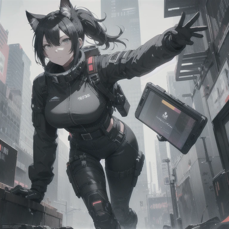 Absurd resolution, high resolution, (masterpiece: 1.4), hyper-detail, full body shot, solo, 1 kemono feline cat woman, black hair, messy ponytail, cute face, detailed soft grey eyes, extremely large bust, huge hyper super breasts, wide full hips, narrower torso, smaller torso, full thicc soft thighs, rounded full soft butt, monochrome black and grey fullbody covering protective padding pilot rugged utility suit with white chest, scifi padded high collar techwear jacket with white and black triangular decals and techwear iconography, techwear gloves, arm mounted strapped display scifi tablet/communication device/computer, rugged tablet display mounted on MOLLE strap on top of her bust, fitted utility pants, near future scifi, cyberpunk aesthetic, anime aesthetic
