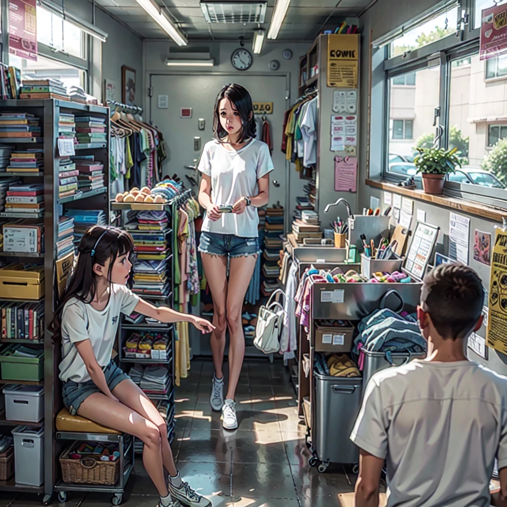white shirt, shorts