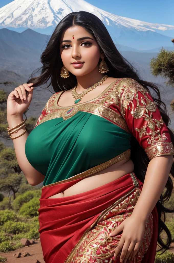 1 Heavenly beautiful and goddess beauty cute and sweet looking face Arabian woman in front of Mount Kilimanjaro, Heavenly beautiful Overweight, Heavenly beautiful Extremely fat, Heavenly beautiful and attractive Chubby figure , Heavenly beautiful looking and eye catching luxury style tight fitting Elegant saree, reaching out, Heavenly beautiful Arabian woman, 16k, High resolution, masterpiece, highest quality, fine skin, close up figure view, Realistic Photograph