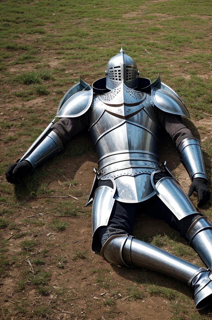 Knight in medieval armor lying on the ground