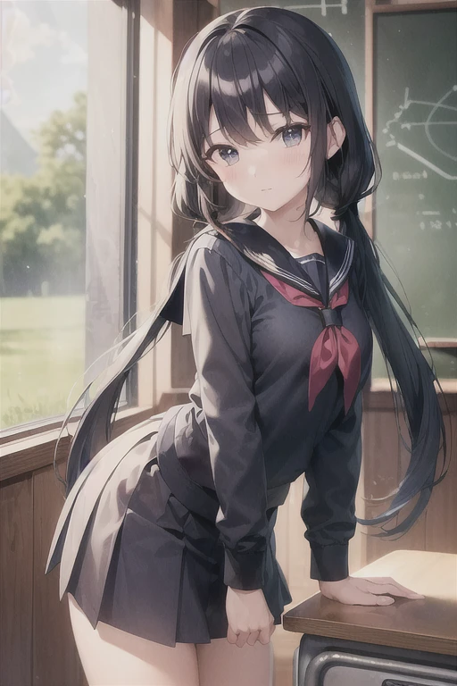 (best quality, masterpiece, high-resolution, detail), a girl, , (low twintails:1.2), low pigtails, black hair, long hair, (Navy-blue sailor), (vivid-blue ribbon in the sailor), long sleeves, skirt, classroom, evening, from front, anime