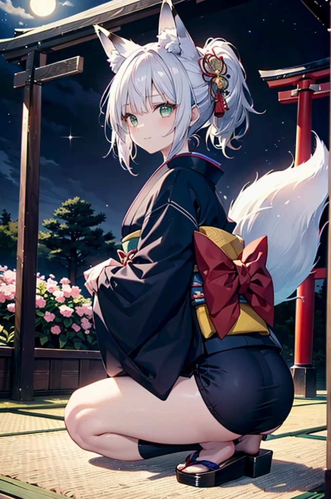 (Official art、Best Quality、Unity 8k Wallpapers、32K、masterpiece、ultra-detailliert、超A high resolution、realisitic、Photorealsitic:1.2)、(Cinematic lighting:1.2)、Fireglow effect、film grains、Best Shadows、Rim lighting、side lights、(Ultra-detailed and complex 3D rendering)、Detailed beautiful face and eyes、(Full body:1.2)、(sideshot、Looking up at the moon、Looking away:1.2)、(Mystical、moonlights)、Highly detailed background、beauitful face、blurry backround、(super detailed skin、detailed skin textures:1.3)、(Japan garden、Grow a lot of soot:1.2)、cowboy shot、Sit on the porch、One full moon in the sky、Moon、dumpling、shinny skin、Red torii gate、beauitful face、blurry backround、20-year-old beauty、shinny skin, (1The fox tail of the book grows:1.3)、Beautiful silver hair、short-hair、(poneyTail:1.2)、green colored eyes、Fox ears、hair adornments、Gentle smile、Curve、(Kimono:1.2)、a miniskirt、wearing kneesocks、thighs thighs thighs thighs、crouching down、