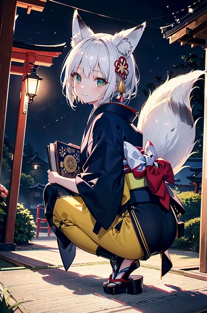 (Official art、Best Quality、Unity 8k Wallpapers、32K、masterpiece、ultra-detailliert、超A high resolution、realisitic、Photorealsitic:1.2)、(Cinematic lighting:1.2)、Fireglow effect、film grains、Best Shadows、Rim lighting、side lights、(Ultra-detailed and complex 3D rendering)、Detailed beautiful face and eyes、(Full body:1.2)、(sideshot、Looking up at the moon、Looking away:1.2)、(Mystical、moonlights)、Highly detailed background、beauitful face、blurry backround、(super detailed skin、detailed skin textures:1.3)、(Japan garden、Grow a lot of soot:1.2)、cowboy shot、Sit on the porch、One full moon in the sky、Moon、dumpling、shinny skin、Red torii gate、beauitful face、blurry backround、20-year-old beauty、shinny skin, (1The fox tail of the book grows:1.3)、Beautiful silver hair、short-hair、(poneyTail:1.2)、green colored eyes、Fox ears、hair adornments、Gentle smile、Curve、(Kimono:1.2)、a miniskirt、wearing kneesocks、thighs thighs thighs thighs、crouching down、