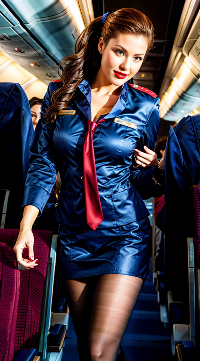Sexy Stewardess (Air Stewardess) On the plane, with sexy tight fit and deep neckline. big breasts, Red lips, tied hair, typical flight attendant suit