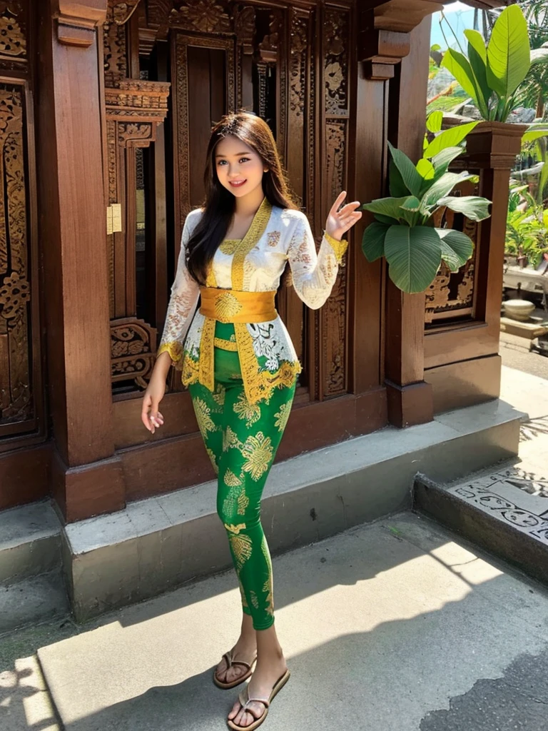 Indonesian teenage girl, white skin, beautiful teenage face, green open breast kebaya, tight batik highwaist legging, brown hair, standing pose, smile, at the traditional javanese house.