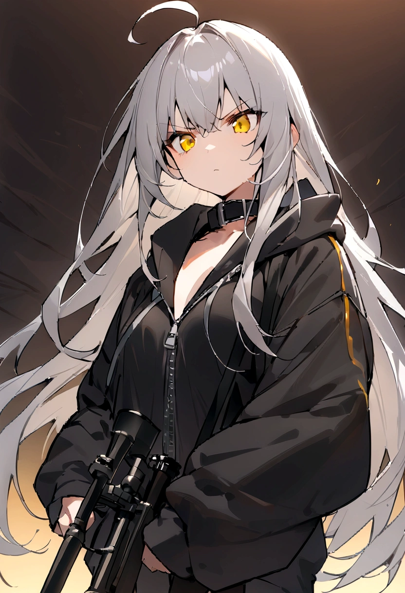 Oversized full zip-up sweatshirt with long sleeves、Oversized zip collar、There are a lot of spies behind me.、Serious expression、action、(masterpiece, best quality:1.2),Expressionless、 1girl, 独奏,Black military uniform、Grey long hair、Ahoge、Yellow Eyes、Ready your gun?、sniper rifle、Background of military bases、Fisheye Lens(masterpiece, best quality:1.2),Expressionless、 1girl, 独奏,Black military uniform、Grey long hair、Ahoge、Yellow Eyes、Ready your gun?、sniper rifle、Background of military bases、Fisheye Lens、Cat ear、Dynamic pose、Dynamic Angles、Looking at the battlefield from a watchtower