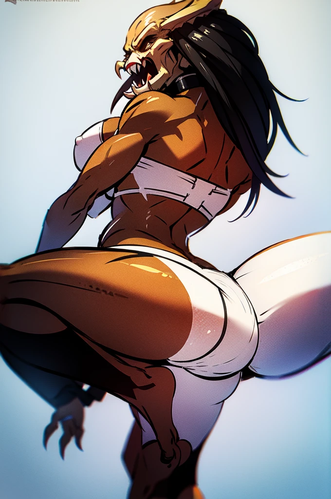 (masterpiece, 4K:1.15) BREAK ((muscler predator with white underpants and bra, breast, perfectly detailed anatomy)):1.2, solo, 1girl BREAK white panties, white bra, white bra straps
BREAK rear view, white backgrounds