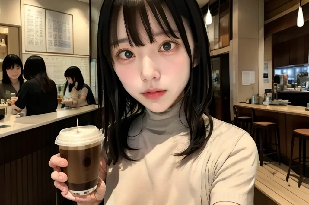 Long face、Japanese、Iris、Drooping eyes、Symmetrical face、8K、With bangs、Bob Hair、Black Hair、Cafe、I have coffee、Short sleeve turtleneck、Straight bangs、Fingers are hidden