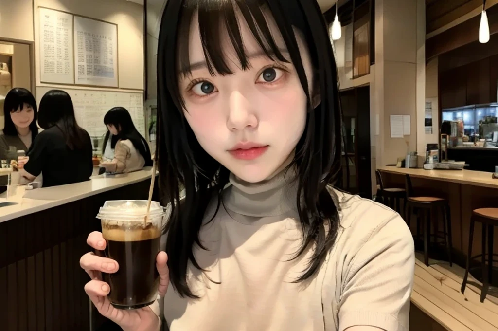 Long face、Japanese、Iris、Drooping eyes、Symmetrical face、８K、With bangs、Bob Hair、Black Hair、Cafe、I have coffee、Short sleeve turtleneck、Straight bangs、Fingers are hidden