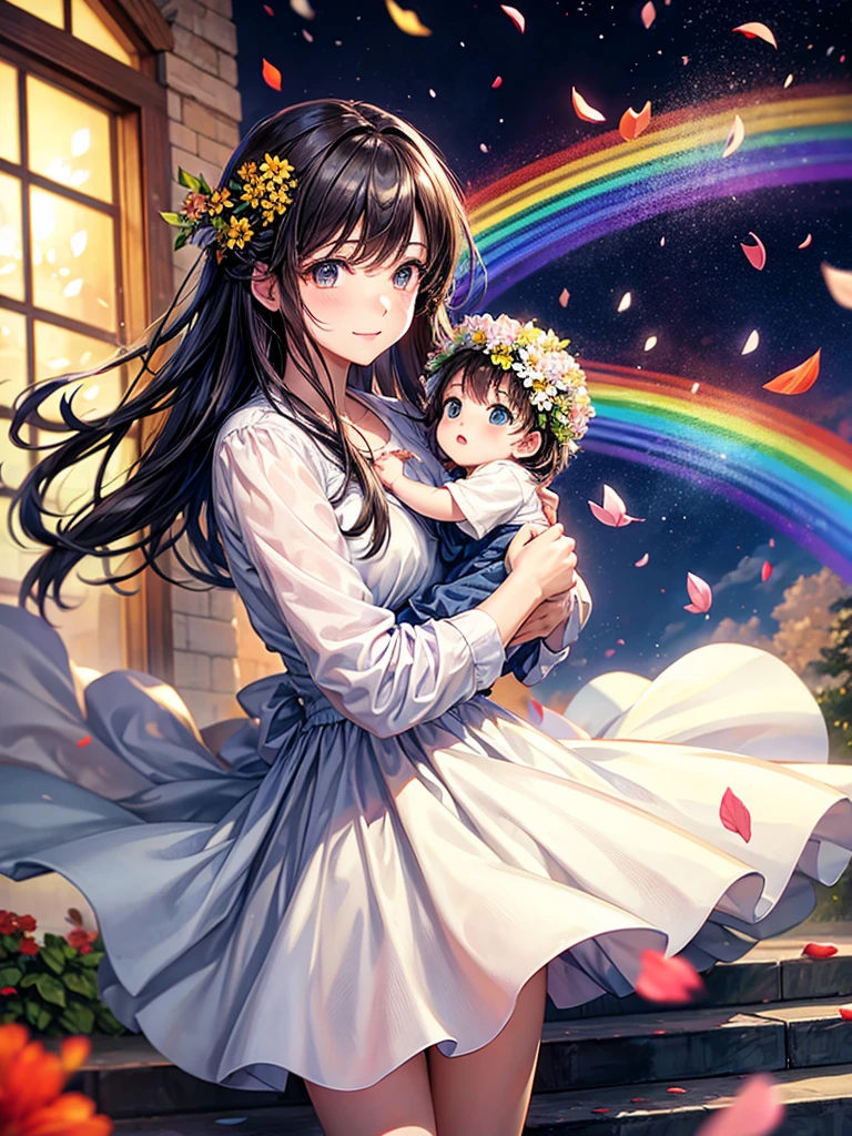 Highest quality,Highest Resolution,A woman walking down a sidewalk with falling flower petals, holding a baby,In the sky1Rainbow of Books,