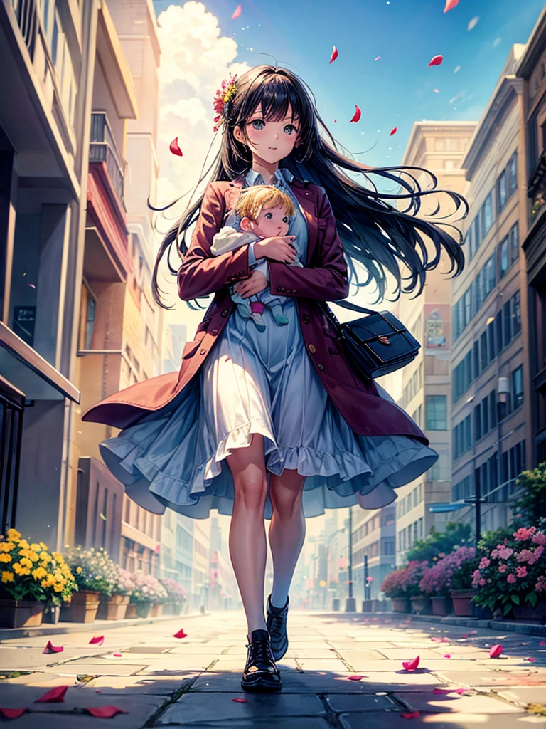 Highest quality,Highest Resolution,A woman walking down a sidewalk with falling flower petals, holding a baby,In the sky1Rainbow of Books,
