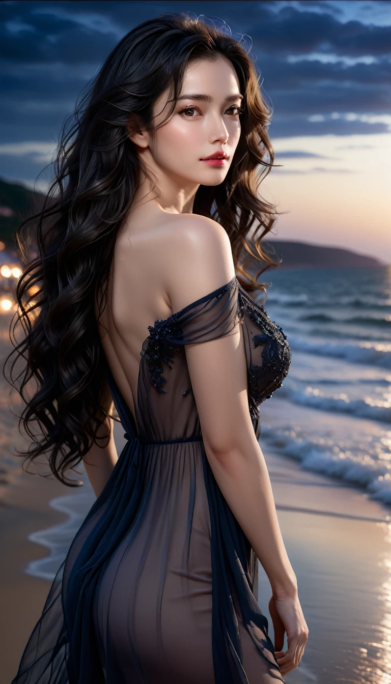 4K resolution,8K resolution,beautiful,Highest quality,Absolutely wonderful,Very detailed,Ultra-high resolution,masterpiece,Realistic,Realistic,Increased depth of field,Cinematic Light,
One elegant mature woman,
Wavy black long hair,精巧なディテールのbeautiful顔,Moist eyes,Sensual look,Glossy skin make-up,Transparent white skin,Very sensitive skin,Great proportions,Glamorous Body,Anatomically correct body,
Elegant Summer Beach Dress,Summery design,Beautifully detailed decoration,Detailed cloth texture,
Romantic seaside scenery,Dark night sky,Coastline stretching to the horizon,Deserted beach,Dark sea surface,
Cinematic Angle,