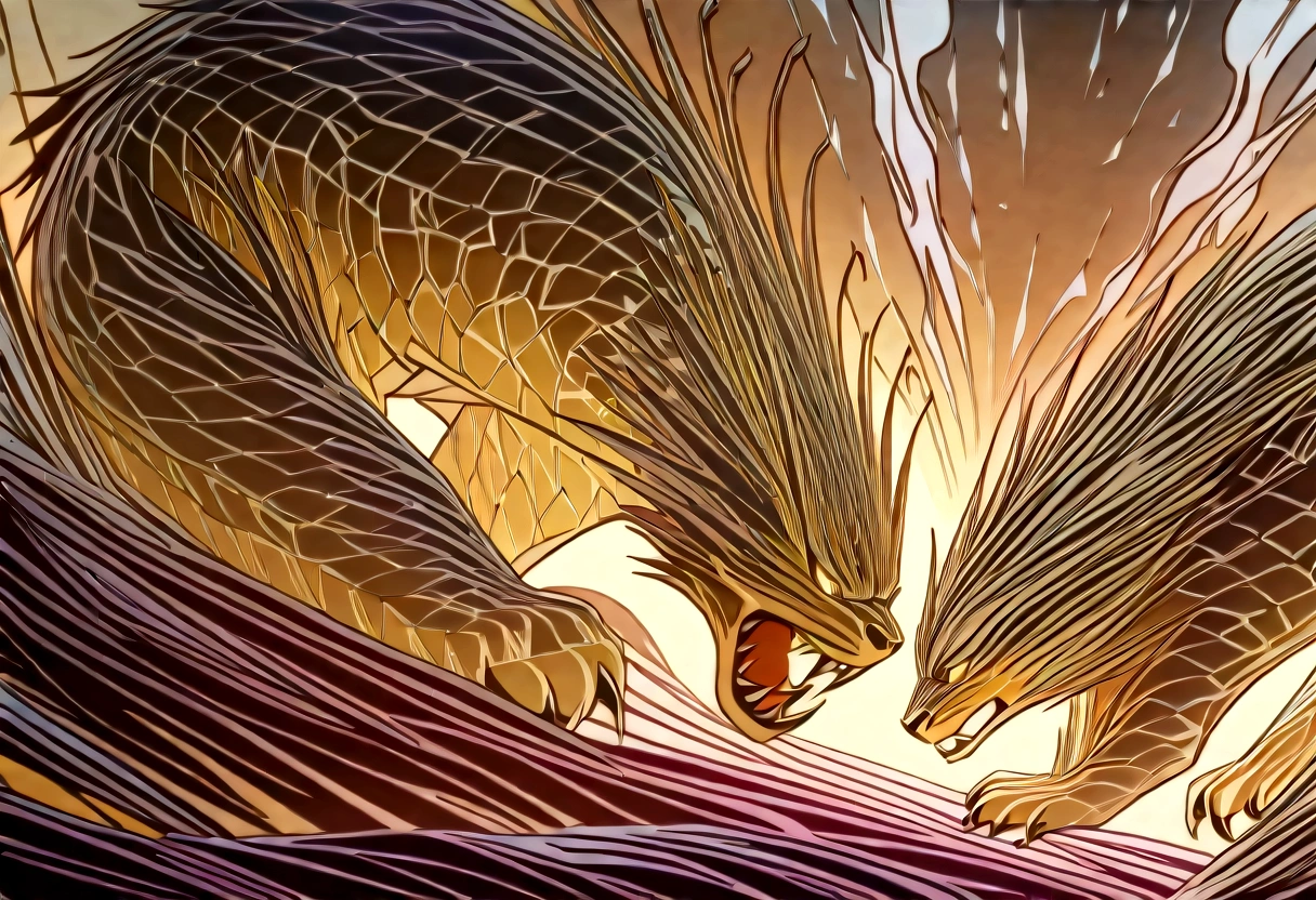 A dragon soars in the sky, A sacred tiger running on the ground
(Best quality at best,4K,8K,A high resolution,tmasterpiece:1.2),ultra - detailed,(actual,realisticlying,Photorealistic:1.37), vivd colour, Focus sharp, HighDynamicRange, Studio lighting, Ultra-fine painting,
Dragon with intricate scales, Majestic wings, and sharp eyes, muscular tiger, majestic striped fur, and intense gaze, magical ambiance, dynamic compositions,
Lush green landscape, floating cloud, Glowing sun, Mysterious light, ancient ruins in the background, Sense of adventure and mystery, Ethereal atmosphere,
The fierce confrontation between dragon and tiger, Show strength and power, Strong and vibrant colors, Epic battle scenes, blazing fire and hot breath, Sparkles and magical effects,
Unprecedented attention to detail, Complex textures and patterns, Meticulous, Amazing realism, exquisite artistic craftsmanship, Dramatic lights and shadows,
Capturing the Essence of Mythical Creatures, Emphasize their grandeur and majesty, Evoke feelings of awe and wonder, A masterful depiction of movement and energy,
A fusion of fantasy and reality, A blend of traditional and modern art styles, Showcasing the beauty and power of nature and wildlife, Conveys a sense of harmony and balance.