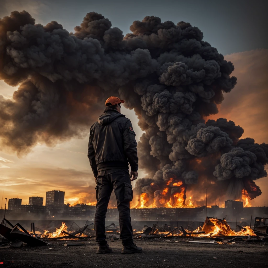 A man sitting in a chair, with his back to the camera, watching a city on fire at sunset. He is wearing a gray jacket and a black cap, and holding a soda can in his right hand. On the horizon, there is a large burning letter "L," with black smoke rising into the sky. The background consists of a devastated urban scene, with ruined buildings and scattered fires. The lighting is dramatic, with shades of orange and red, creating an atmosphere of destruction and chaos. The image has a realistic style with touches of digital art, with sharp and well-defined details. The resolution should be high, with clear and well-balanced colors.
Do not include other characters or elements that are not mentioned. Avoid cool or dark colors that are not specified. Do not add additional texts or distracting elements. Do not use soft or delicate textures