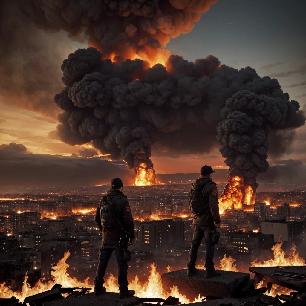 A man sitting in a chair, with his back to the camera, watching a city on fire at sunset. He is wearing a gray jacket and a black cap, and holding a soda can in his right hand. On the horizon, there is a large burning letter "L," with black smoke rising into the sky. The background consists of a devastated urban scene, with ruined buildings and scattered fires. The lighting is dramatic, with shades of orange and red, creating an atmosphere of destruction and chaos. The image has a realistic style with touches of digital art, with sharp and well-defined details. The resolution should be high, with clear and well-balanced colors.
Do not include other characters or elements that are not mentioned. Avoid cool or dark colors that are not specified. Do not add additional texts or distracting elements. Do not use soft or delicate textures