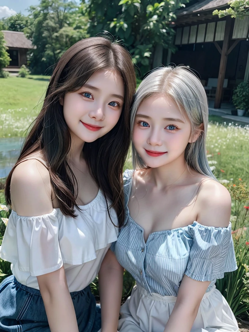 (2 girls), Indonesian baby face, 12 years, smile ,white skin, Round breast, blue eyes, meadow, silver hair, 8K, The details are very realistic....., The best of photography Short skirt and off-shoulder top ((round chest)