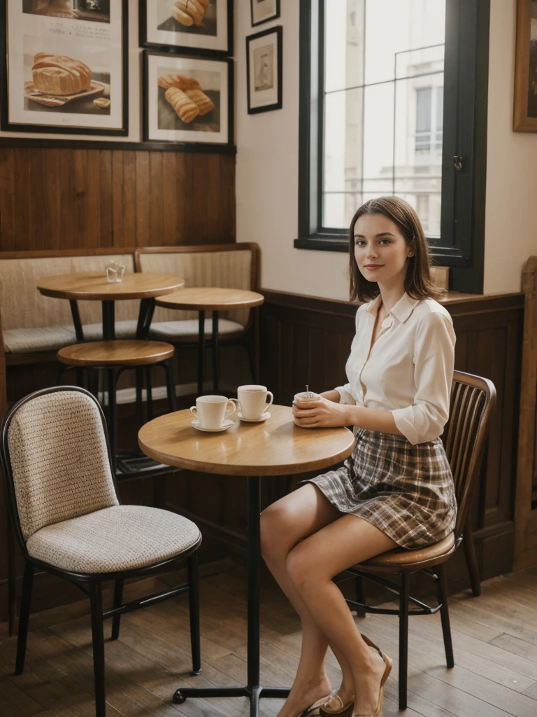 her name is Elle, high quality, 1girl, ((20-year-old fit Caucasian woman)), ((20 years old)), ((fit)), ((pale skin)), short length straight dark hair , wearingRuched Front Satin Blouse + High-Waisted Asymmetrical Skirt, pose: sitting on a chair, background: Describe the cozy interior of a Parisian café, with its small round tables topped with checkered tablecloths, wrought iron chairs, vintage posters adorning the walls, and the aroma of freshly brewed coffee mingling with the scent of freshly baked croissants.