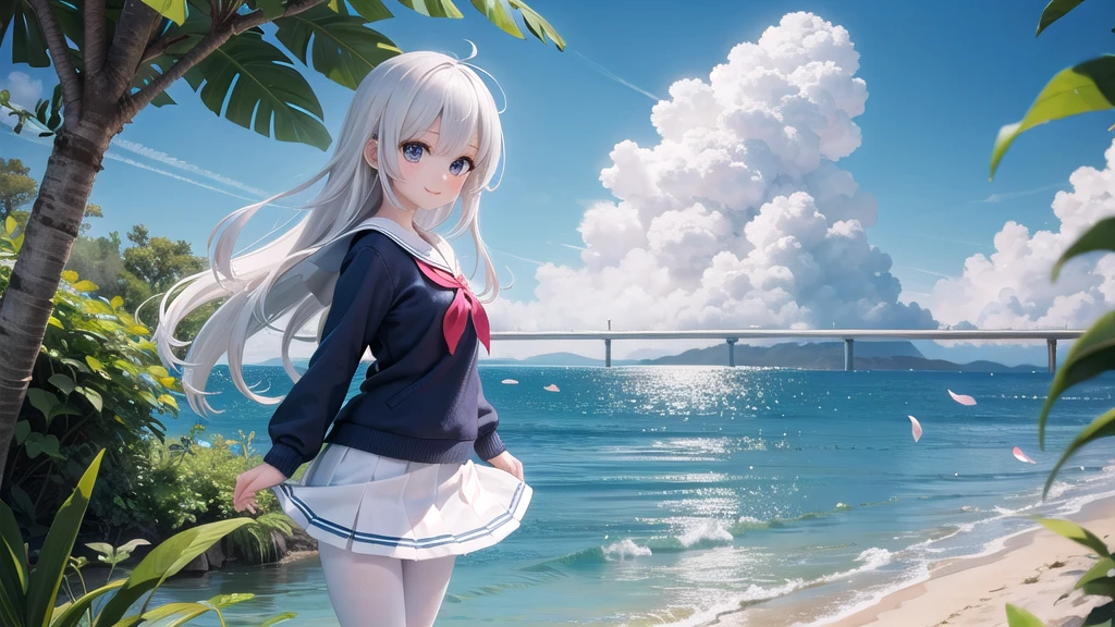 (masterpiece),  town,  blue sky,  One Girl, Place the person on the right,  smile,  alone,  Sailor suit、Long skirt,  Overgrown,  petal,  plant、Skirt lining、White slip、nostalgic、White Pantyhose、I can see the ocean in the distance, Crotch close-up