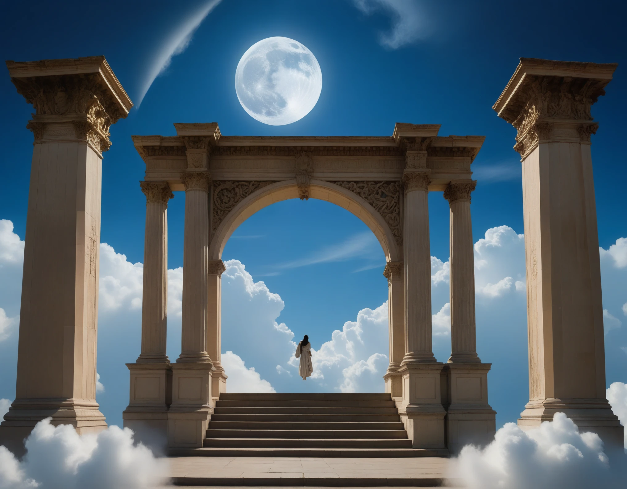 The image portrays a surreal scene where a grand, classical archway stands amidst the clouds, leading to the sky. The archway is ornate with intricate carvings and Corinthian columns. A set of stairs ascends towards it, seemingly floating among the clouds. At the top of these stairs stands a solitary figure looking up towards a crescent moon that hangs in the blue sky just beyond the arch. The composition of architectural elements and celestial bodies creates an ethereal and dreamlike atmosphere that suggests themes of aspiration, mystery, or passage to another realm.