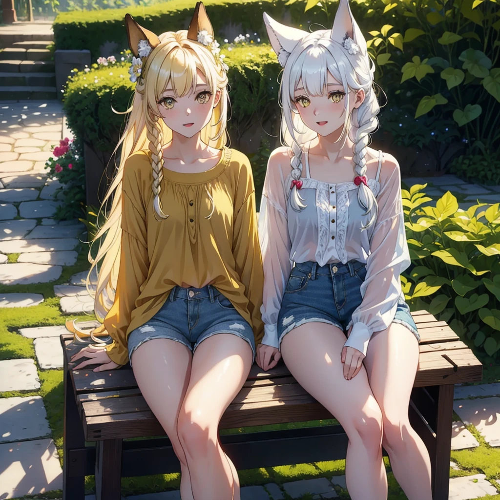 Girl with dog ears and tail, erect ears, honey yellow eyes, Highly detailed eyes, long hair and(((( White)))) with a small braid on the sides, denim shorts, translucent and low-cut blouse, whole body, looking up, open mouth smile, big chest, beautiful body, detailed face y con amplia gama de gestos, sitting on a bench around a garden with flowers of various colors, detailed background, detailed face, Play of light and shadows, cinematographic, high quality, 8k, Masterpiece,
