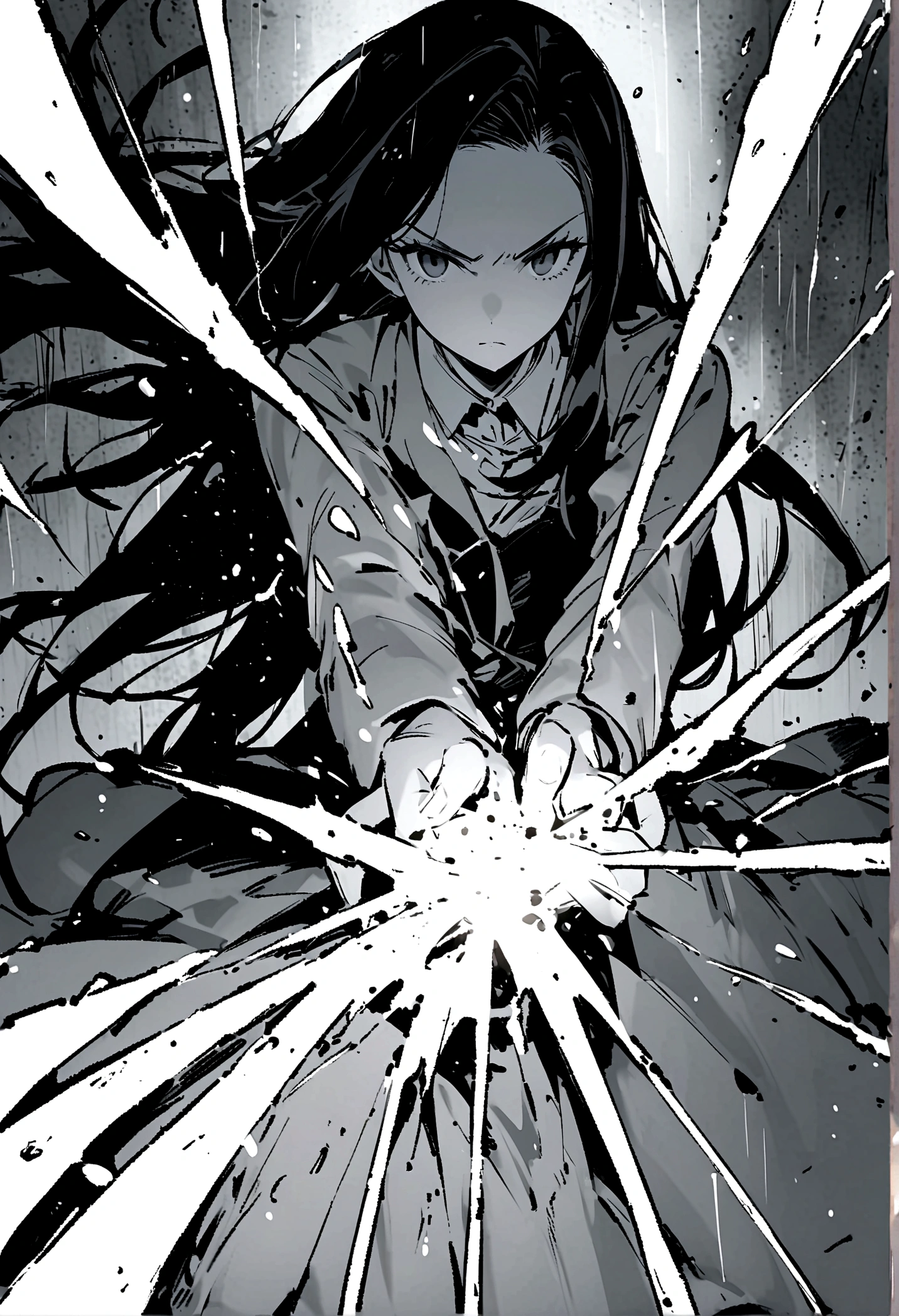 Long hair woman、Black Hair、black eyes、gloomily，moonlight，Cool，rain，((Black and white style))