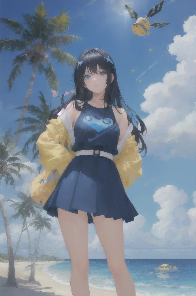 art by Cornflower, dreamy, (A beautiful, aged, anime-style girl with blue eyes and long, black hair, wearing a pale yellow, shiny, long-sleeved, open-chest, long skirt swimming suit with a pink, white, and yellow, heart on it is posing with her hands on her hips, in front of a beach and a bright, blue sky with clouds in it, there are palm trees in the background on both sides of the picture, and there are lots of blue and yellow fish swimming in the ocean, and there is a police helicopter with lights on it flying over the girl)