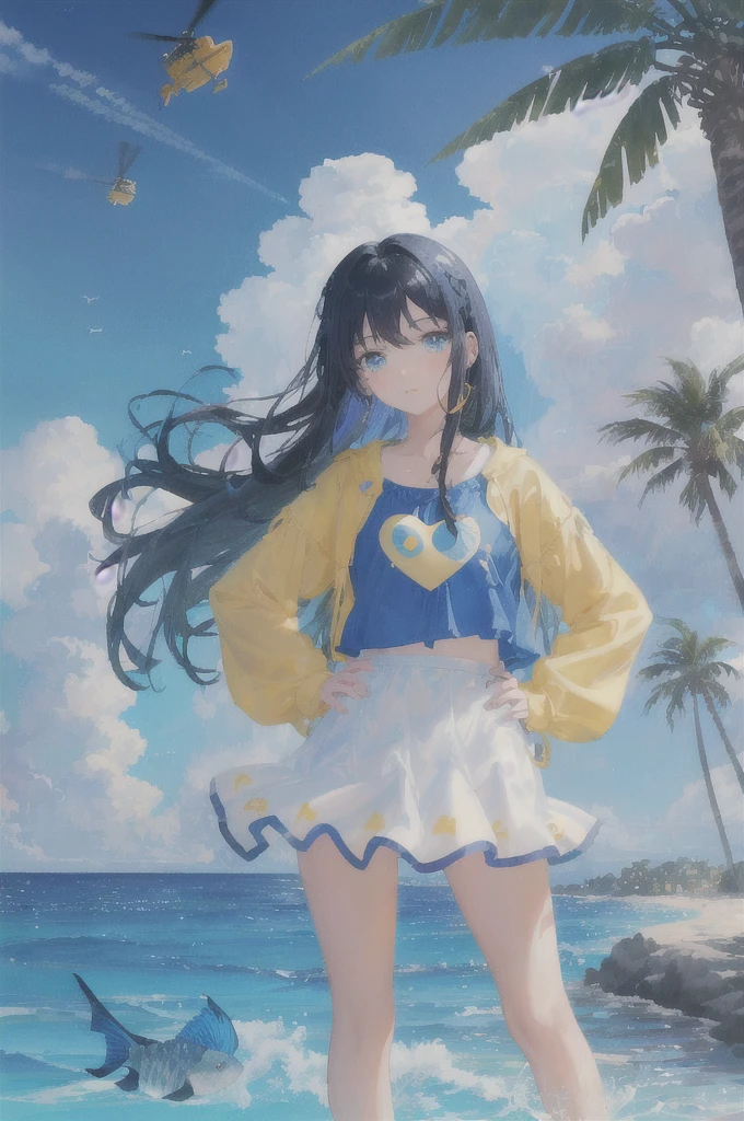 art by Cornflower, dreamy, (A beautiful, aged, anime-style girl with blue eyes and long, black hair, wearing a pale yellow, shiny, long-sleeved, open-chest, long skirt swimming suit with a pink, white, and yellow, heart on it is posing with her hands on her hips, in front of a beach and a bright, blue sky with clouds in it, there are palm trees in the background on both sides of the picture, and there are lots of blue and yellow fish swimming in the ocean, and there is a police helicopter with lights on it flying over the girl)